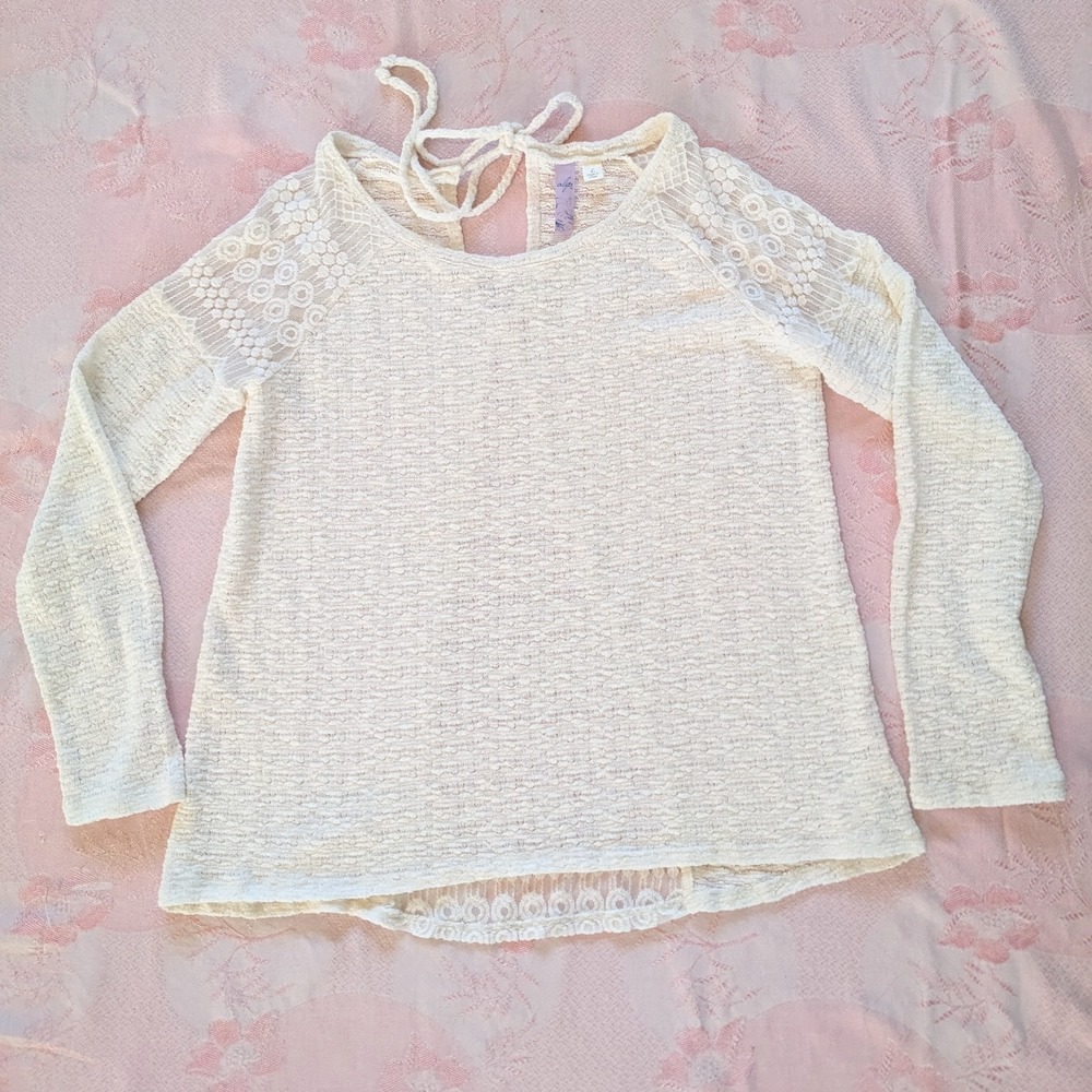 Alya Cream Knit Lace Top Large Cottagecore Long Sleeve Sweater Semi Sheer Boho